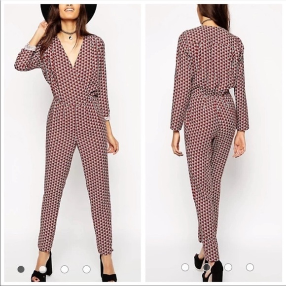 NEW NWT ASOS Retrotile Print long Sleeve Jumpsuit Lightweight Surplice V-neck 8 - Picture 1 of 9